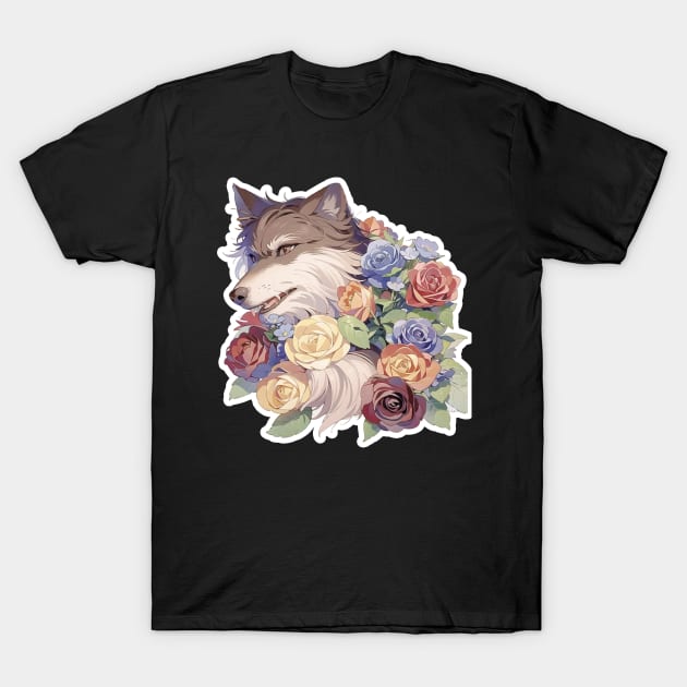 Lone Wolf With Flowers T-Shirt by LycheeDesign